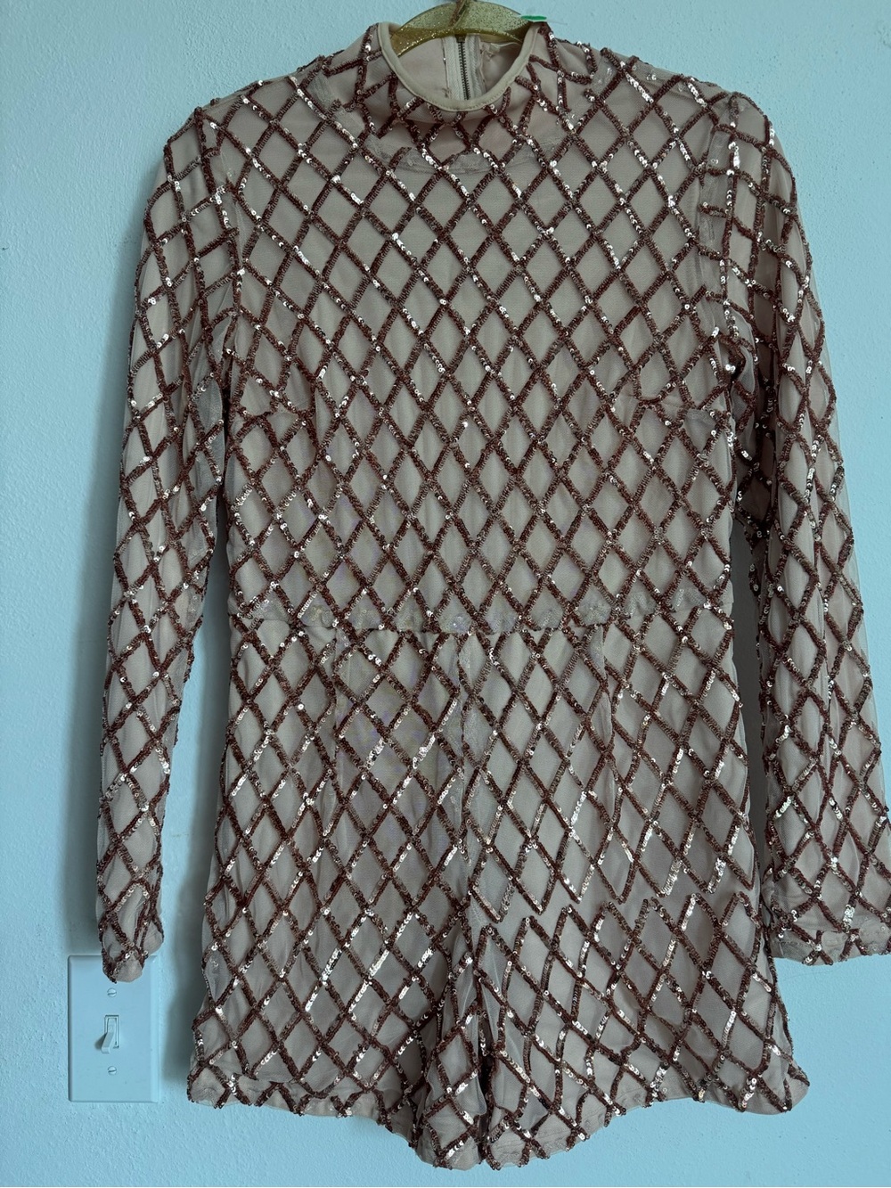 Nude Sequin Lattice Long-Sleeve Romper NWT